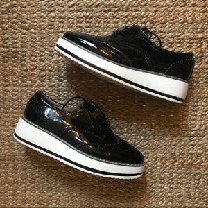 Platform Black “Patent” Wingtip Square Toe Oxford